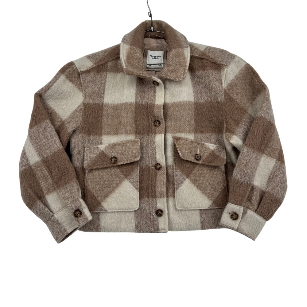 Abercrombie & Fitch Shirt Jacket Womens M Tan Plaid Excellent Cropped Wool Blend